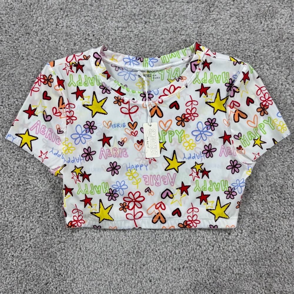 Aerie‎ SMOOTHEZ Doodle Print Cropped T-Shirt White Multicolor 3536-100 Womens M